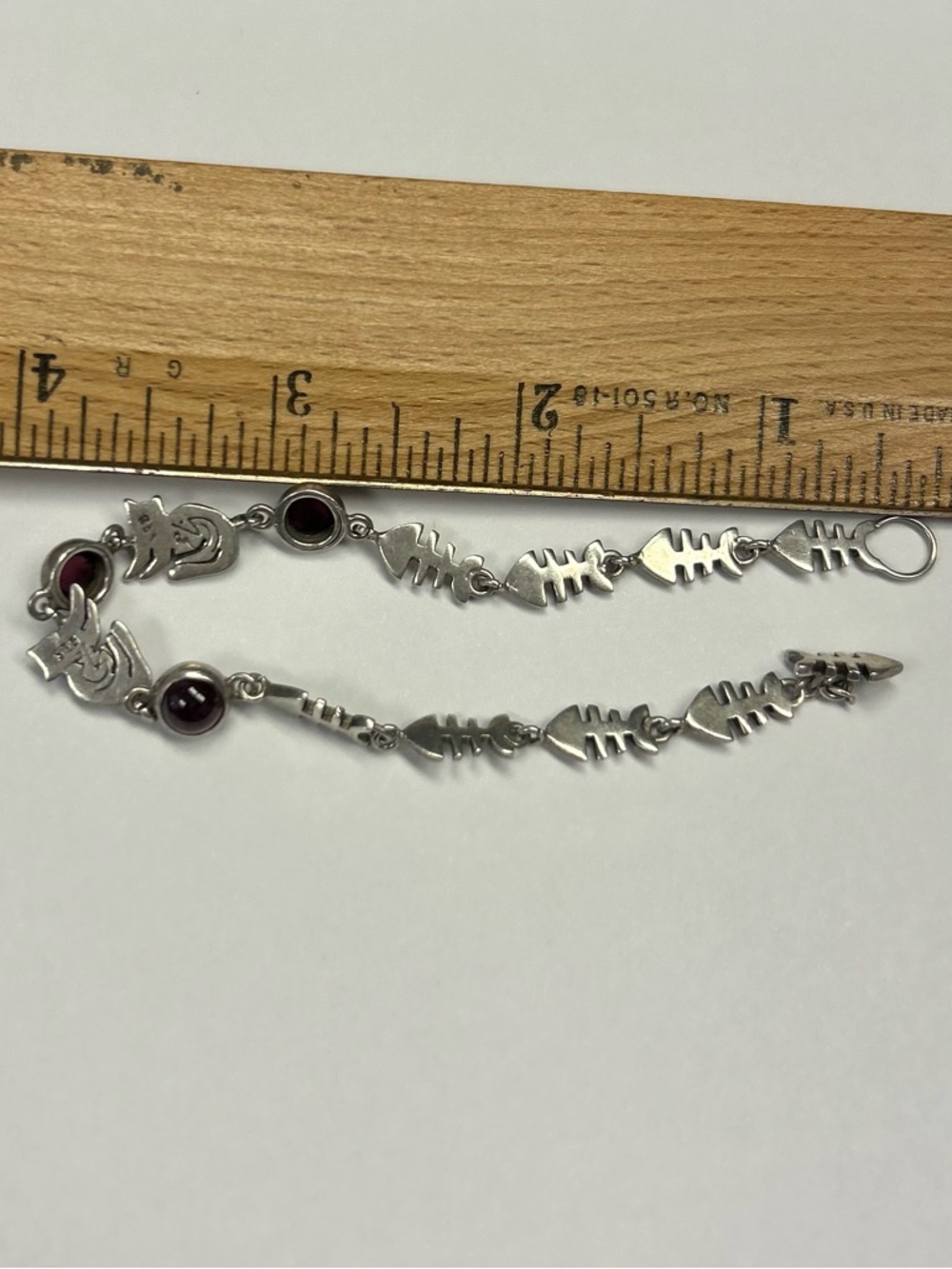 Vintage Fish bones cat garnet gemstone link bracelet sterling silver 925 - Picture 15 of 16